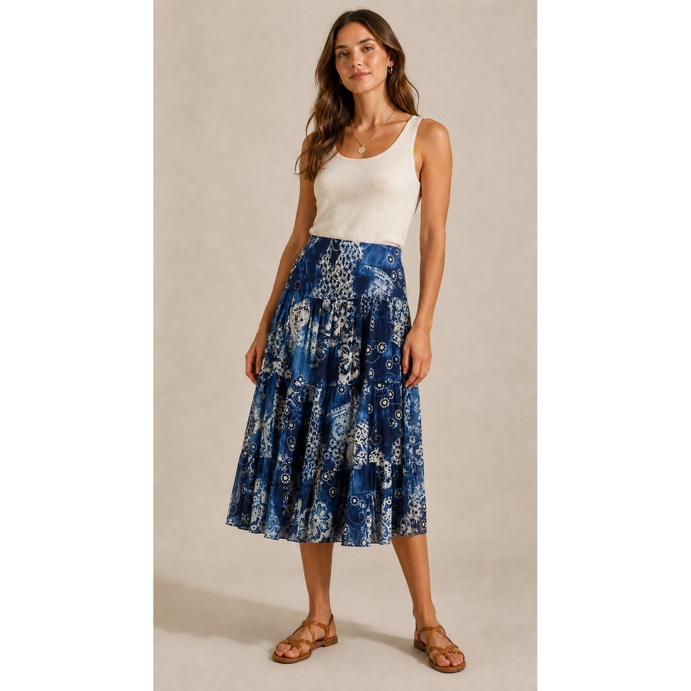 Lauren Ralph Lauren 100% Silk Blue Patchwork Tiered Floral Midi Skirt Boho M